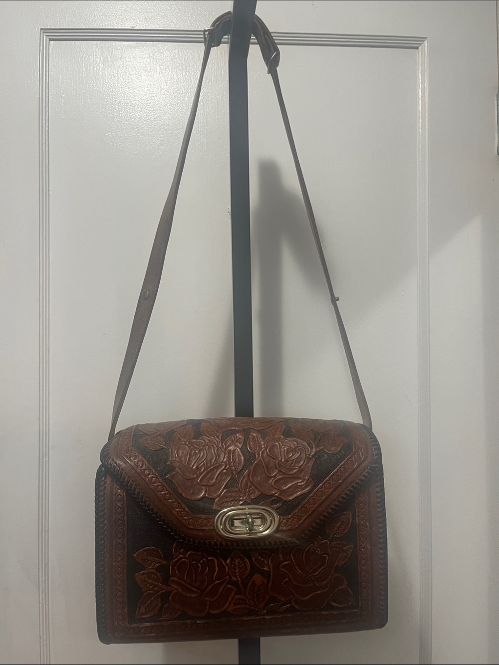 Women's Vintage Brown Tooled Leather Crossbody Bag - Floral Embossed